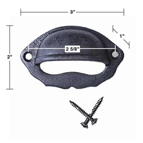 Badass Wrought Iron Cup Bin Pull Featuring Rock Solid Construction With Durable Rust Resistant Matte Black Finish Heavy Duty Kitchen Cabinet Knobs And Drawer Hardware Five Pack, 3x2in size with included screws.