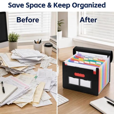 Before and after desk shows clutter vs. organized 13 Pocket Accordion File Organizer With Cover Labels Portable Expanding File Folder Black.