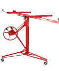 Heavy Duty Steel Drywall Lifter With Adjustable Height And Smooth Ride Casters For No Sweat Solo Ceiling Mounting and Plasterboard Hoisting. Red frame with wheel.