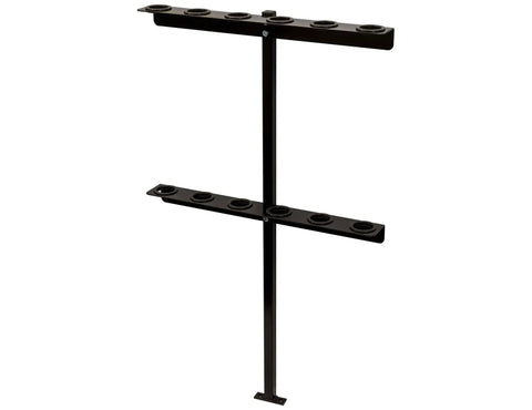 Vertical hand tool rack for open trailers holds up to six straight handle tools like shovels rakes and hoes with secure storage