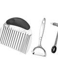 Three-piece kitchen gadgets set in stainless steel: spiral slicer, peeler with heart-cut handle, and julienne tool