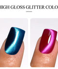 Two Color Cat Eye Magnetic Gel Polish Set 10ml Each In Deep Teal Blue And Fuchsia Rose Red on fingernails