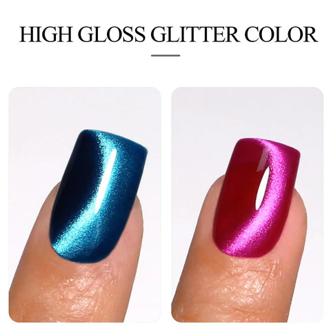 Two Color Cat Eye Magnetic Gel Polish Set 10ml Each In Deep Teal Blue And Fuchsia Rose Red on fingernails