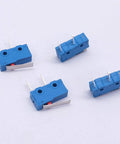Four blue Workhorse 10 Pack 250V 5A Micro Switches 2 Pin 1NO Lever Tact with 16mm lever on a white surface.