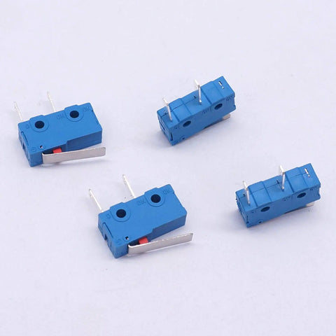 Four blue Workhorse 10 Pack 250V 5A Micro Switches 2 Pin 1NO Lever Tact with 16mm lever on a white surface.