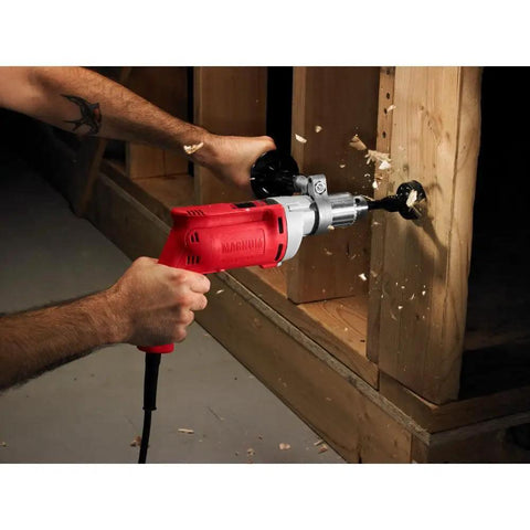 Magnum 8 Amp 1/2-Inch Drill With Variable Speed 0-850 RPM, drilling into wooden plank, 8-foot cord