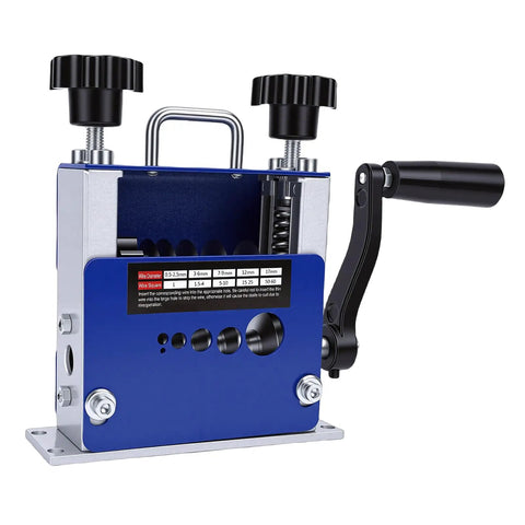 Pro Grade Wire Stripping Machine Hand Crank Or Drill Powered With 6 Hole V Groove For 3.5 To 17 Mm Cables Adjustable Cutting Depth Portable Insulation Stripper Tool For Fast Clean Wire Prep, blue metal body with hand crank