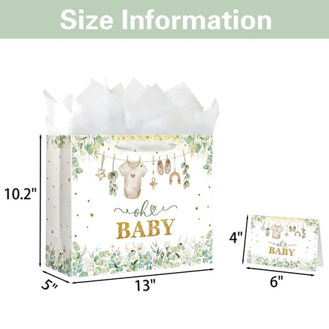 13 Inch Large Baby Gift Bag With Tissue Paper Greeting Card And Handle All In One Baby Shower Gift Set For Boys And Girls Green Birthday Parties For Any Occasion