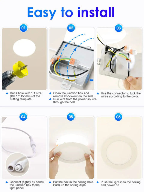 Installation steps for Lit 12 Pack Slim LED Recessed Lights 6 Inch Canless Downlights with Junction Box 3000K Warm White.