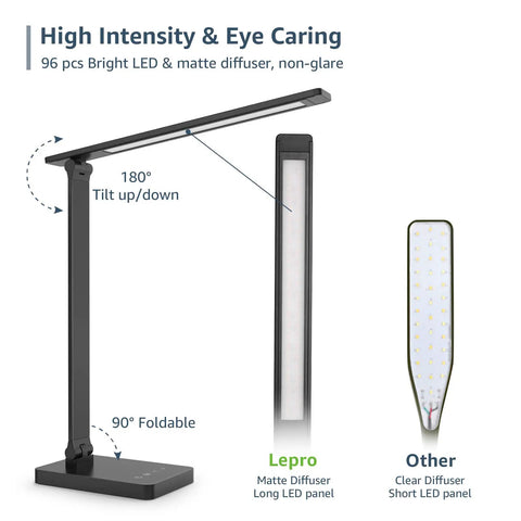 Awesome LED Desk Lamp For Home Office With Five Color Modes And Five Brightness Levels For Twenty Five Lighting Settings Eye Caring Non Flicker Task Light For Reading Sewing Crafts And School Work Metal Build In Black Finish, showing tilting and foldable mechanism with matte diffuser.