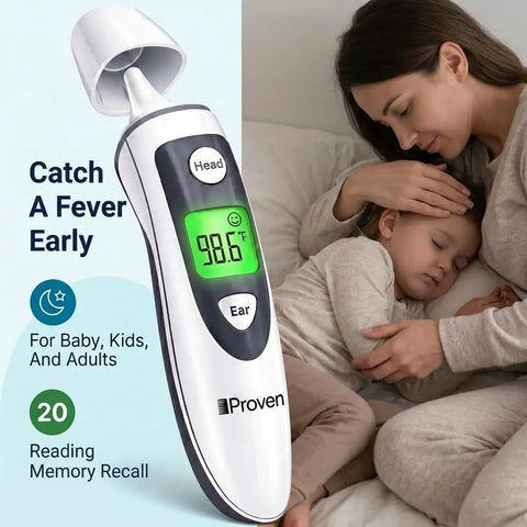 2 In 1 Ear And Forehead Thermometer For Adults Kids And Baby, Fast One Second Infrared Readings, No Touch Forehead Scan And In Ear Mode, Easy Fever Checks For Busy Families, white digital thermometer with 98.6°F display