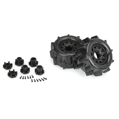 Belted 2.8 Inch Sand Paw HP Paddle Tires On Raid Black 6x30 Wheels with removable hexes and screws for sand drag racing.