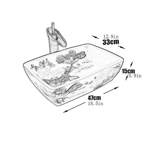 SDVantage Vessel Sink Retro Bathroom Vessel Vanity Sink Ceramic Vessel Sink Above Counter Bathroom Vessel Vanity Sink Rectangle Art Basin with floral design and dimensions.
