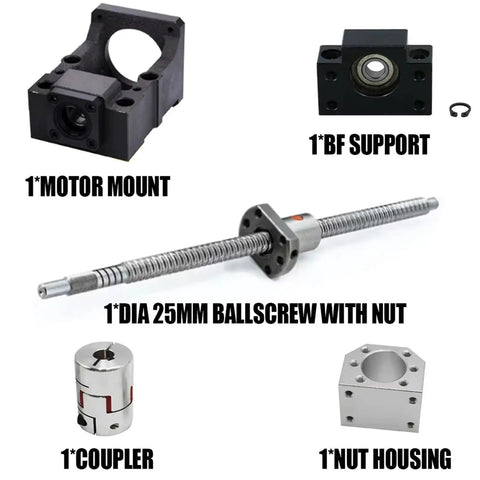 Check out This Insane 25mm SFU2505 Ballscrew Kit With C7 Grade精度 Single Nut BF20 And HM20 Coupler DSG25H For High Speed CNC Parts Or DIY Builds That Need Serious Precision And Reliability To Get Job Done Right. 25mm ballscrew kit with motor mount, BF support, coupler, and nut housing for CNC