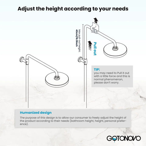 Diagram of Exposed Bathroom Shower Faucet Set With 8 Inch Rainfall Shower Head And Handheld Shower, Cross Handle Control height adjustment.