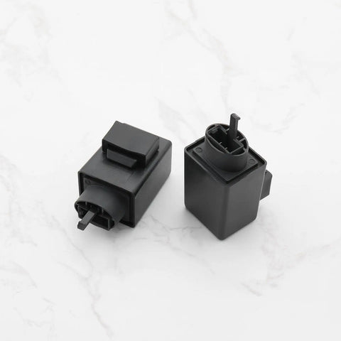 Honda 3 Pin LED Indicator Flasher Relay Two Pack, Fast Flash Fix For CRF300L And VTR1000F, compact black modules on marble