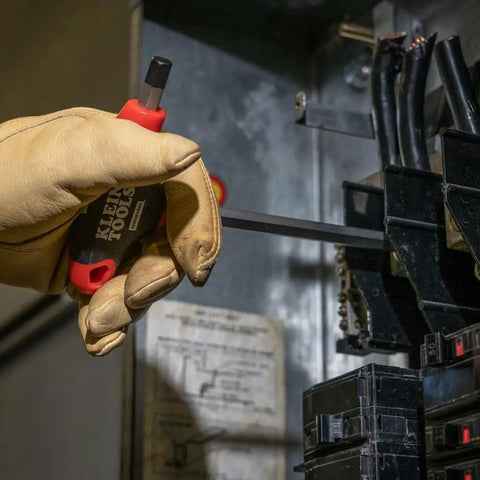 Using Tough As Nails T-Handle Hex Key Set With Stand, 10-Piece SAE Inch in an electrical panel, glove holding tool.