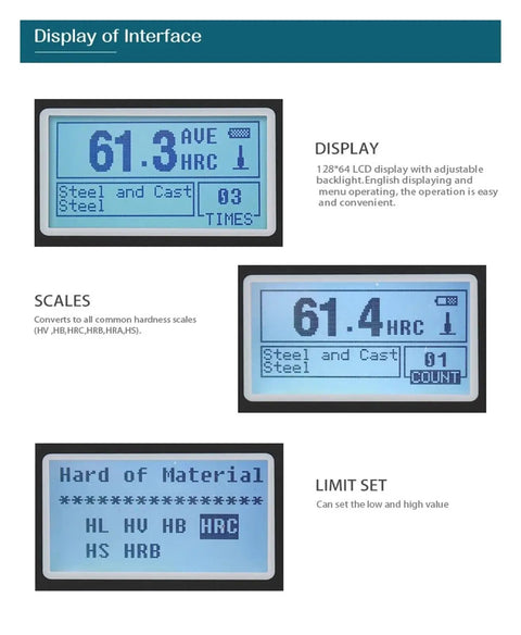 Display of interface for Grab And Go Digital Leeb Hardness Tester For Steel And Alloys With Knockout Accuracy Up To 960Hld.