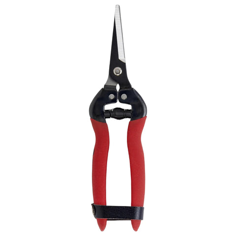 Long Straight Pruning Snip With Precision Narrow Tempered Steel Blades for clean cuts, ergonomic red handles visible