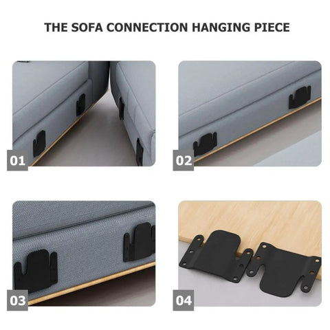 Beefy Heavy Duty Metal Sofa Connector Screws 4 Pack for sectional couches, black iron connectors on grey upholstery for stability