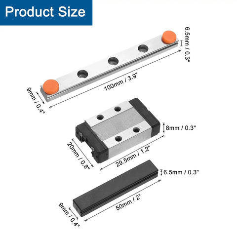 MGN9 100mm Linear Guide Rail Kit With MGN9C Carriage Block And Mini MGN12 Slider dimensions illustration