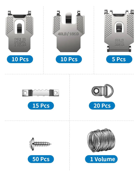 111 Piece Picture Hanging Kit With Heavy Duty Drywall Hooks No Nail Claw Wall Mounts showing 25LB, 40LB, 65LB hooks and accessories.