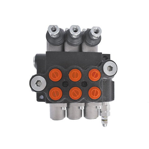 waltyotur monoblock hydraulic directional control valve, 3-spool, SAE ports, black body with orange caps