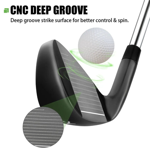 Close-up of Men's 9-Piece Golf Iron Set With Steel Shafts for Right-Handed Players, showcasing CNC deep grooves.