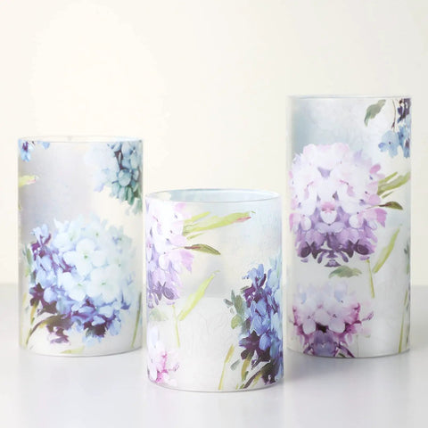 Flameless Battery Operated Candles With Remote Hydrangea Glass Pillar Centerpiece For Wedding And Home Decor, blue pink purple