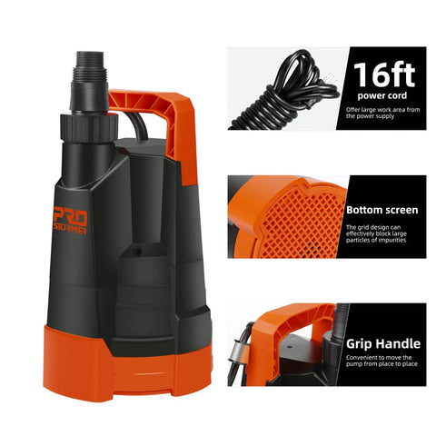 All Purpose Submersible Water Pump 1HP 3430 GPH Portable Drainage for Pools Ponds Gardens with 16ft cord and grip handle