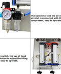 Built Tough Workhorse Pneumatic Paste Liquid Filling Machine With Heating Mixing Hopper And Dual Nozzle Anti Drip Bottle Filler For Thick Fluids Stainless Steel 110V air inlet and barometer setup for easy operation