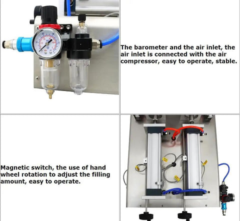 Built Tough Workhorse Pneumatic Paste Liquid Filling Machine With Heating Mixing Hopper And Dual Nozzle Anti Drip Bottle Filler For Thick Fluids Stainless Steel 110V air inlet and barometer setup for easy operation