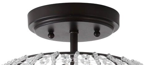 Close-up of oil rubbed bronze mount on 11.7 inch 2-light iron and acrylic crystal semi-flush globe ceiling light, clear crystal beads visible.