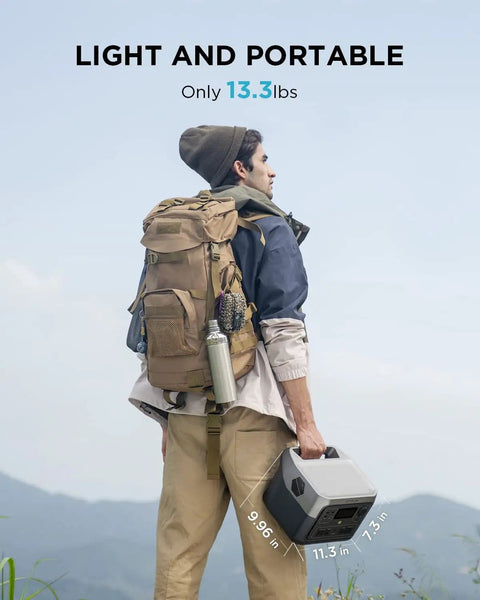 Man with backpack holding River 2 Max Portable Power Station With 512Wh LiFePO4 Battery, 1000W Peak Output, for camping.