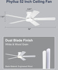52 Inch Low Profile Ceiling Fan With Light For Low Ceilings White Flush Mount Quiet DC Motor No Fuss App Control And Remote Modern Overhead Fan For Bedroom And Living Room with dual blade finish in white and wood grain.