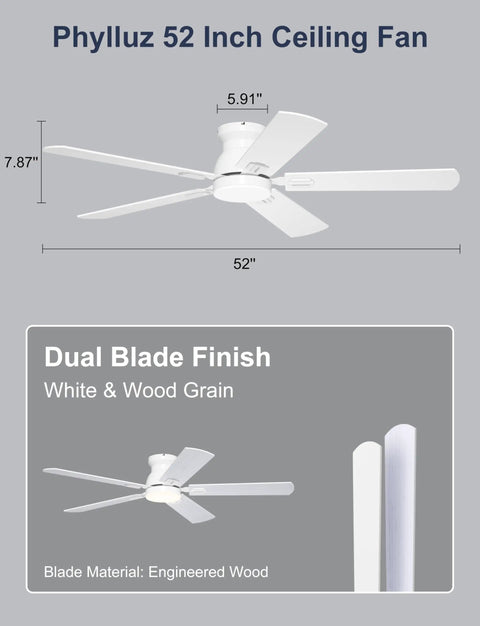 52 Inch Low Profile Ceiling Fan With Light For Low Ceilings White Flush Mount Quiet DC Motor No Fuss App Control And Remote Modern Overhead Fan For Bedroom And Living Room with dual blade finish in white and wood grain.