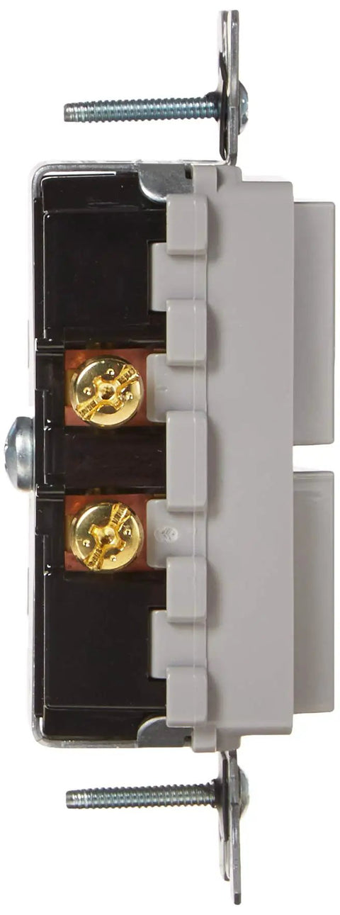 Side view of Decora Style 15 Amp Single Pole AC Combination Switch Gray 120 To 277 Volt Commercial Grade Grounding 5634GY