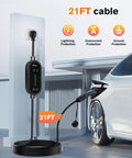 Plug And Play Portable EV Charger Level 1 And 2 With 21 Foot Cable Nema 14 50P Nacs Connector For Tesla Models 3 Y S X charging in use.