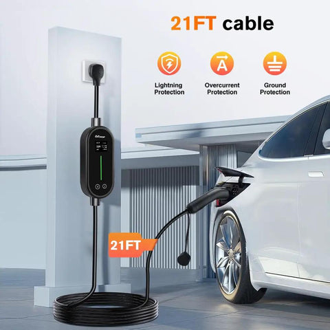 Plug And Play Portable EV Charger Level 1 And 2 With 21 Foot Cable Nema 14 50P Nacs Connector For Tesla Models 3 Y S X charging in use.