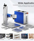 30W Pro Grade Fiber Laser Engraver with Dual Cooling Fans and Integrated Power Supply, shown engraving metal pieces.