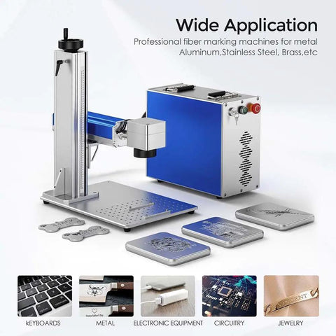 30W Pro Grade Fiber Laser Engraver with Dual Cooling Fans and Integrated Power Supply, shown engraving metal pieces.
