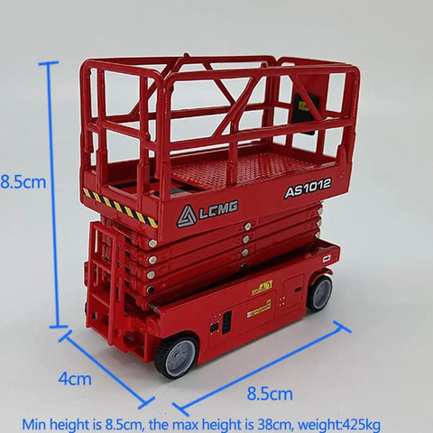 1 30 Scale Self Propelled Scissor Lift Model With Extendable Cylinders in red, compact design, 8.5cm height for garage shelves.