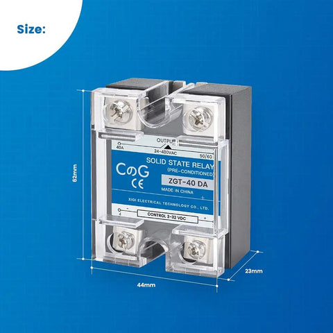 SSR 40DA Solid State Relay from PID Temperature Controller Kit With 100 To 240V AC Power, showing dimensions and connectors.