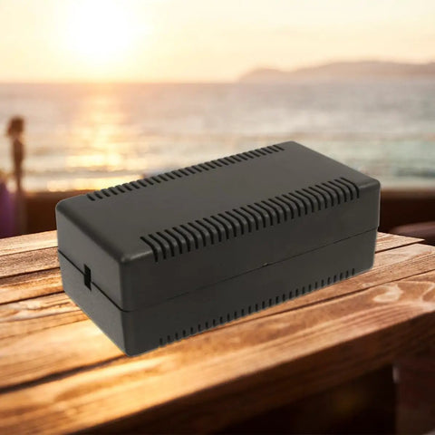 Heavy Duty Black Plastic Junction Box 2 Pack For Amplifiers And Power Supply With Button Design Sturdy Abs Housing Case on wooden surface.