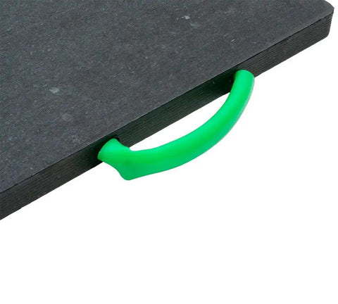 Close-up of green contoured handle on 2 Pack Heavy Duty 18x18x1 Stabilizer Pads With Contoured Handles Built Tough From Uhmwpe High Density Polyethylene For RV Crane And Wrecker Work Pro Grade Construction.