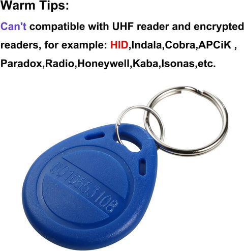 125KHz EM RFID Key Fob Read Only Proximity Cards Blue Pack Of 100 For Standard EM ID Access Readers Not HID Non Programmable Keychain Tags Budget Friendly For Office School Or Facility Entry Durable And Easy To Carry.