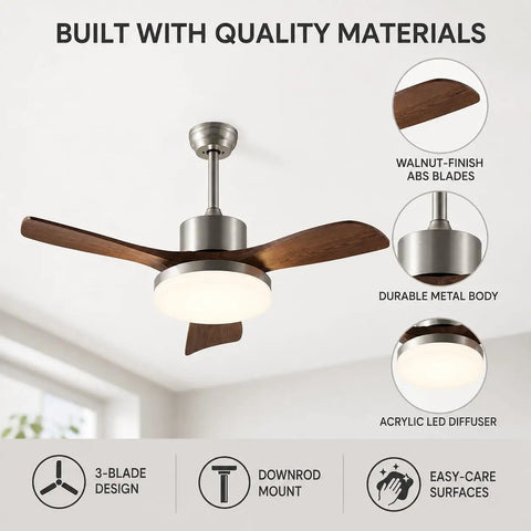 MADISH 42 Inch Ceiling Fan with Lights and Remote, Modern 3 Blade Ceiling Fan, 60W LED with walnut ABS blades and metal body.