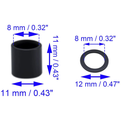 Two Pack Skateboard Bearing Spacers And Speed Washers Set Metal Longboard Hardware dimensions showing 8mm and 11mm sizes