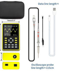 Handheld USB Digital Oscilloscope 5012H with 2.4 Inch IPS LCD, case, probes, USB cable, dimensions labeled