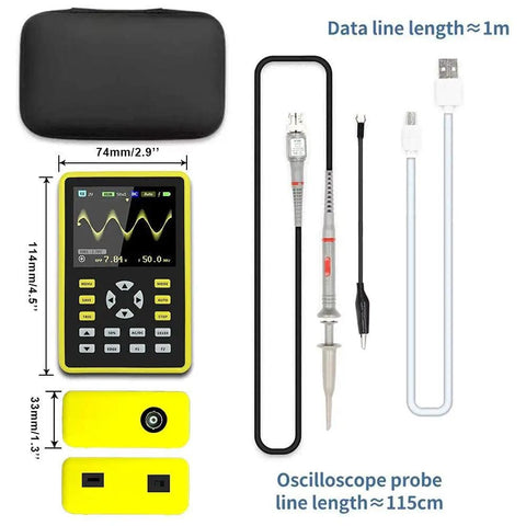 Handheld USB Digital Oscilloscope 5012H with 2.4 Inch IPS LCD, case, probes, USB cable, dimensions labeled